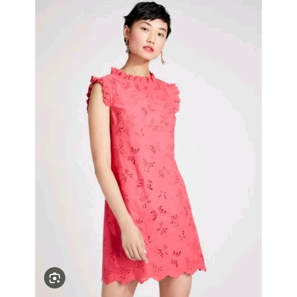 NWT Kate Spade Butterfly Embroidered Cotton Eyelet Ruffle Shift Dress sz 2 Coral
